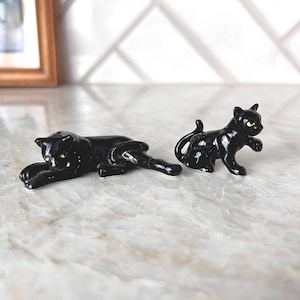 Vintage 1960s Bone China Black Panther Figurines – Japan Made Miniature Cat Statues – Glossy Mid Century Ceramic Jungle Cats