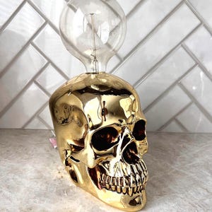 Gold Bella Luxx Skull Lamp w/ Bulb, Modern Gothic Lighting, Decorative Skull, Chic and Unique Home Decor, Halloween, Gothic Art Deco Style