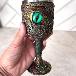 Fantasy Dragon Eye Goblet Chalice | Gothic Medieval Resin Cup with Stainless Interior | Reptile Eye Wine Glass Decor for LARP or Display