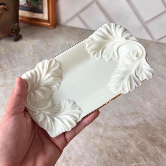 Vintage Gold Rimmed White Leaf Motif Trinket Dish – Embossed Ceramic Catchall | Soap or Jewelry Tray 7" | Sink Side Ring Dish