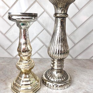 Vintage Mercury Glass Candle Holders – Silvered Glass Pillar Set – Elegant Taper Candle Pedestals | Holiday Centerpiece | Shiny Ornate Décor