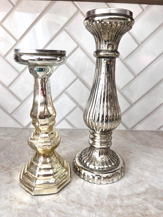 Vintage Mercury Glass Candle Holders – Silvered Glass Pillar Set – Elegant Taper Candle Pedestals | Holiday Centerpiece | Shiny Ornate Décor