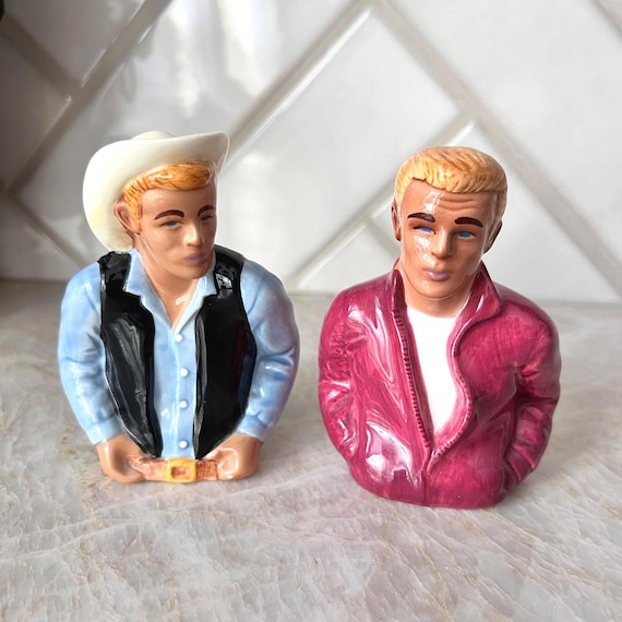 Vintage James Dean Salt Pepper Shakers | Ceramic Rebel Without a Cause & Cowboy Figurine Set | Retro Hollywood Collectible Decor