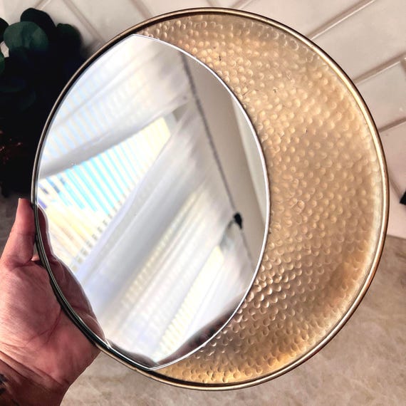 Discontinued - Urban Outfitters Crescent Moon Mirror | Brass Hammered Metal and Glass Wall Decor | Boho Celestial Wall Accent
