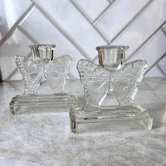Vintage Art Deco Butterfly Candle Holders – Clear Pressed Glass Taper Holders | 1930's Hollywood Regency Decor – Set of 2 |