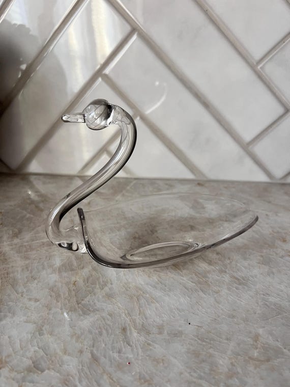 Mid Century Clear Glass Swan Dish | Elegant Trinket Bowl or Candy Dish | Bedside Nightstand Ring and Jewelry Holder | Sink Side Soap Dish