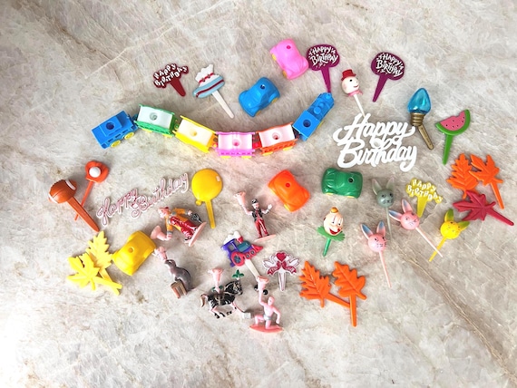 Miscellaneous Lot of Vintage Plastic Cake & Cupcake Toppers/ Picks | Colorful Plastic Vintage Birthday Train Cake Topper