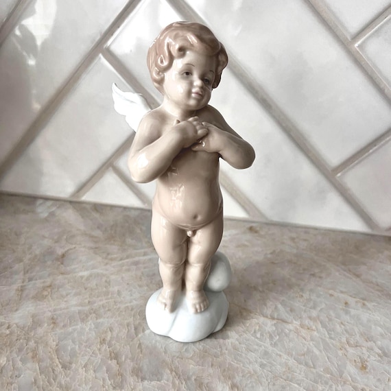 Vintage Porcelain Cherub Figurine on Cloud | 7" Angel Statue with White Wings | Romantic French Shelf Decor, Classic Cupid Collectible