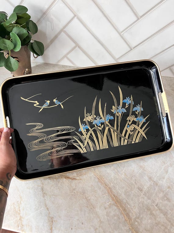 Vintage Asian-Inspired Black Metal Serving Tray | Birds, Bamboo & Iris Motif | Mid Century Elegance
