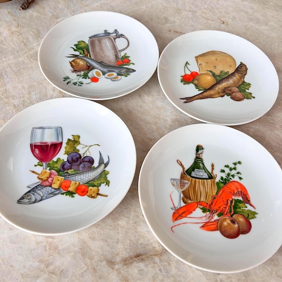 Vintage Cordon Bleu France Food & Wine Plates – Set of 4 Decorative Wall Plates, Seafood Cheese Wine Design, Housewarming Host's Gift