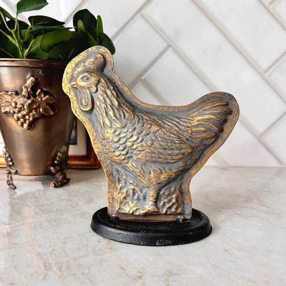 Bee & Willow Metal Rooster Figurine – Farmhouse Country Decor Chicken Accent – Rustic Gold Black Farm Animal Shelf Sitter
