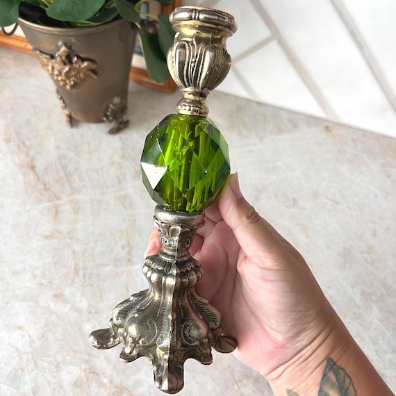 Vintage Green Lucite Candlestick Holder | Ornate Baroque Brass Base | Hollywood Regency Candle Holder