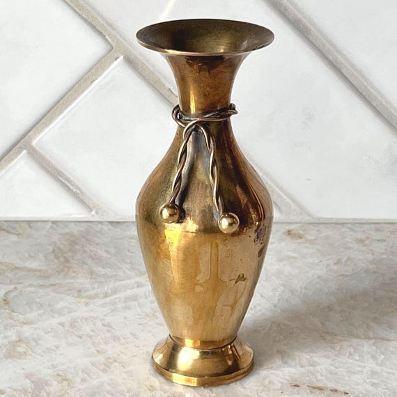 Vintage Hammered Brass Rope Vase | Small Brass Bud Vase with Twisted Rope Detail | Mid-Century Boho Decor | Eclectic Shelf Accent