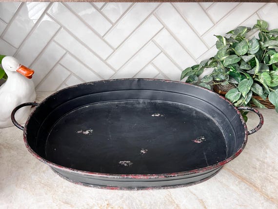 Large Distressed Black Metal Tray with Handles | Oversized Tray For Ottomans and Coffee Tables | Cottagecore Centerpiece and Tablescapes