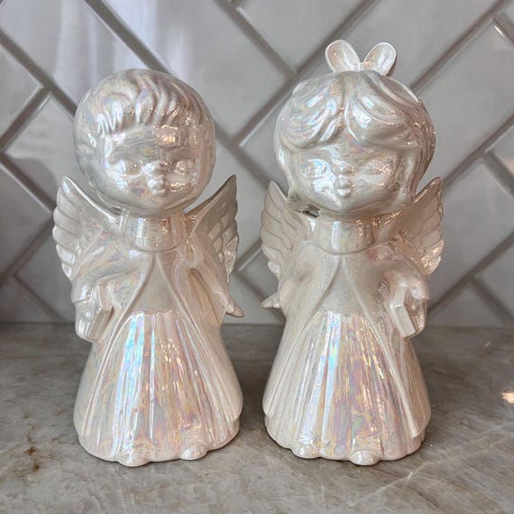 Set of Vintage Christmas 8” Tall Ceramic Opalescent Kissing Angels Figurines – Romantic Home Décor, Collectible Angel Statues
