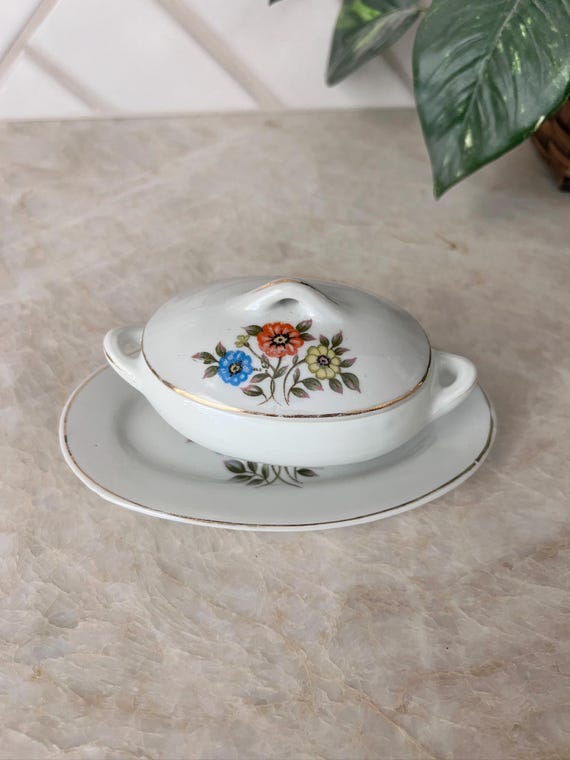 Miniature Covered Serving Bowl and Dish | Vintage Japanese Floral Pottery | Mid Century Porcelain Collectable | Oval Boho Tiny Tureen