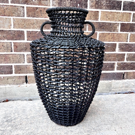 Oversized Eclectic Black Woven Basket Vase, Large Rattan-Style Floor Vase, Modern Boho Entryway or Patio Decor, Open Weave Amphora Style