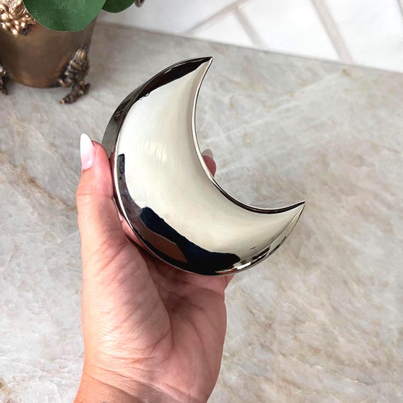 90s Vintage Silver Plated Crescent Moon Trinket Box with Blue Velvet Lining – Celestial Jewelry Box, Gothic Moon Box, Witchy Keepsake Holder