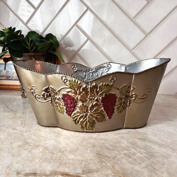 Vintage Grape Planter with Embossed Vine Detail | Ornate Metal Wine-Themed Cachepot | Tuscan Kitchen or Wine Cellar Decor