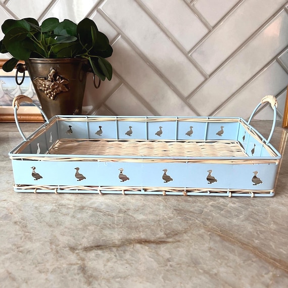 Vintage Blue Duck Basket / Nursery Tray – Woven Rattan Base with Metal Frame | Country Cottage Farmhouse Decor, Serving Tray w/ Handles