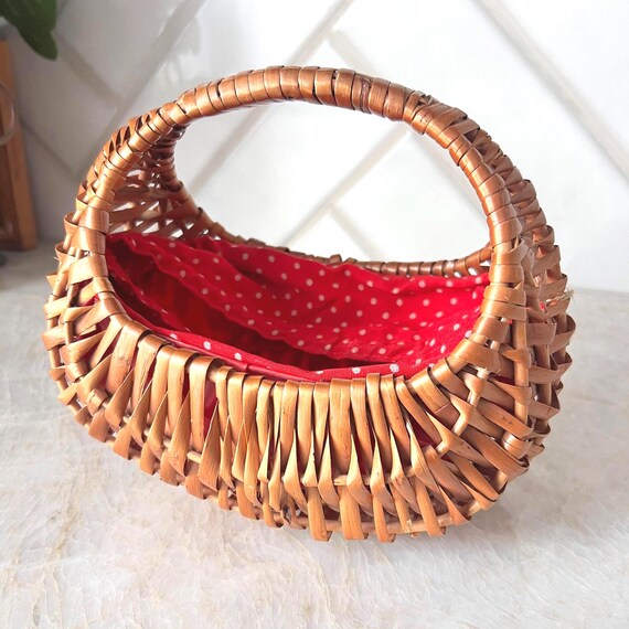 Vintage Miniature Sewing Basket | Woven Wicker Basket with Red Polka Dot Lining | Small Craft Organizer, Cottage Decor, Childs Dress Up