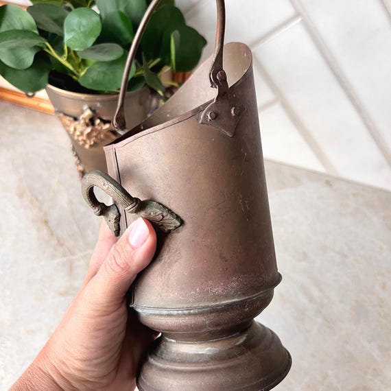 Vintage Brass Ash Bucket | Fireplace Matchstick Holder | Rustic Hearth Accessory with Lion Head Detail