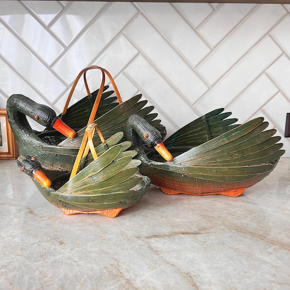 Vintage Ben Rickert Wicker Nesting Basket – Green Goose Swan Basket Set – 1950's Decorative Storage