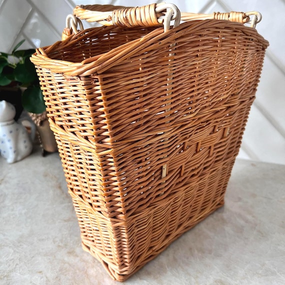 Vintage Hanging Rattan Messenger Basket – Wall Organizer, Boho Cottagecore Storage Basket with Handles