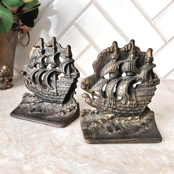 Vintage Cast Iron Clipper Ship Bookends – Heavy Nautical Book Holder Pair, Maritime Decor for Office or Library