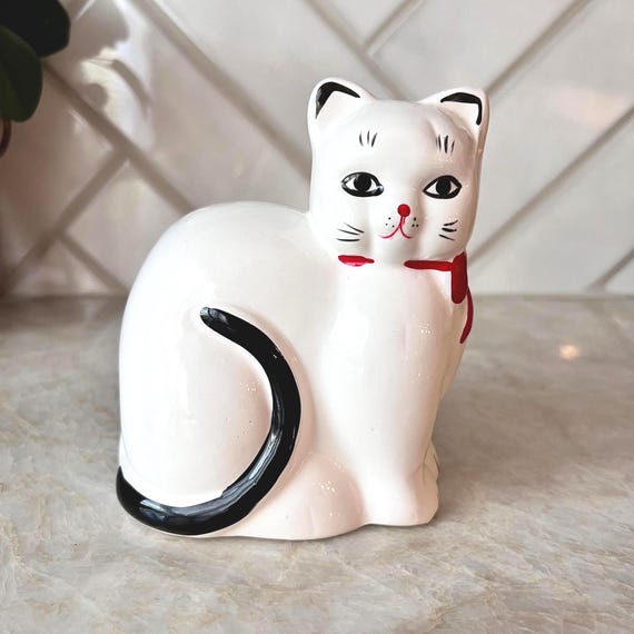 Vintage Ceramic Cat Bank | White Kitty Coin Bank with Red Bow | 1980s Japan | Cute Retro Animal Decor