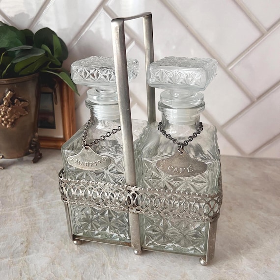 Vintage Amaretto & Café Glass Decanter Set with Metal Caddy // Pressed Glass Liquor Bottles with Stoppers // Bar Cart Decor