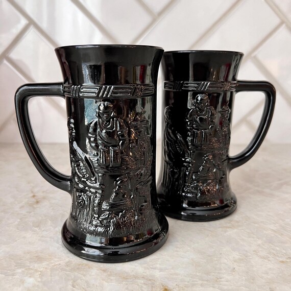 Vintage TIARA by Indiana Glass Company Black Milk Glass Tavern Scene Mug Set of Two – Retro, Collectible Mugs
