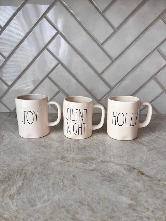 Set of Rae Dunn Christmas Mug Set – "Joy," "Silent Night," "Holly" – Holiday Ceramic Coffee Mugs – Farmhouse Christmas Decor