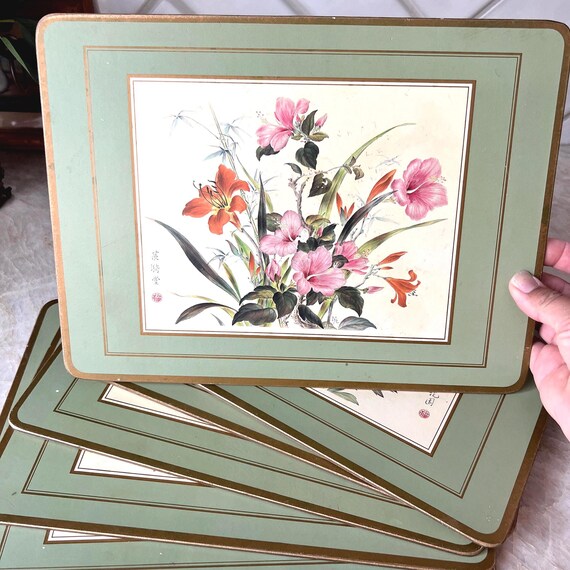 Set of 6 Vintage Pimpernel Placemats – 1970s Oriental Floral Cork Table Mats, Botanical Green & Gold Border, Made in England
