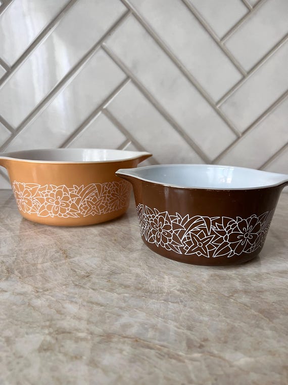 Vintage Pyrex Woodland 473 Cinderella Casserole Set | Brown & Tan Floral Bakeware | Mid-Century Kitchen Decor | Collectable Grandmacore