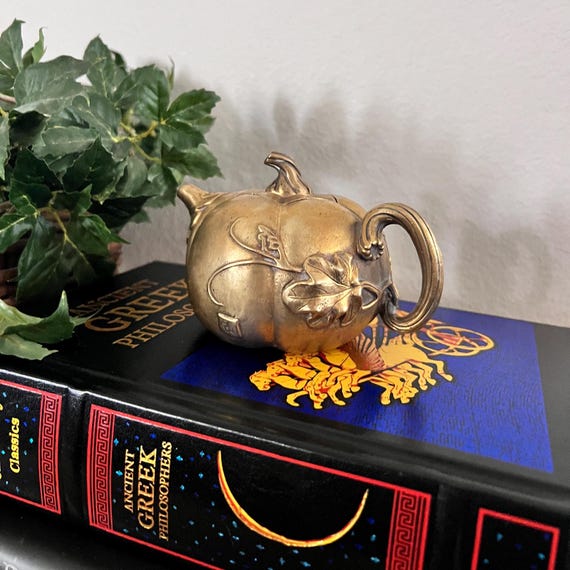 Vintage Brass Pumpkin Teapot | Miniature Decorative Collectible | Autumn Home Decor | Asian-Inspired Shelf Sitter Decor