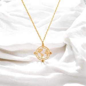 Colar com pingente de bússola de ouro maciço 14K - Colar delicado com mapa-múndi - Joias inspiradas em viagens para mulheres - Presente minimalista para quem deseja viajar