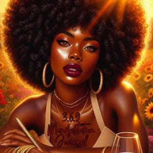 May include: Digital art of a woman with dark skin, wearing gold jewelry, and a cream-colored top. She has a large afro and is writing in a journal. The text on the journal reads "3.6.9 Manifestation Journal". A glass of red wine is on the table.