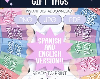 Könnte beinhalten: Druckbare Geschenkanhänger für Lehrer in Englisch und Spanisch. Die Anhänger zeigen ein Bleistiftdesign und den Text "Best Teacher" und "Feliz Dia del Maestro".