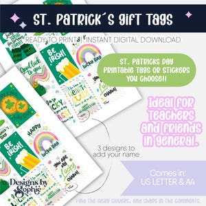 Puede incluir: Etiquetas de regalo imprimibles para el Día de San Patricio con una variedad de diseños que incluyen tréboles, arcoíris y el texto "Be Irish!" y "You are my lucky charm!"