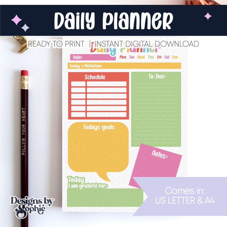 Printable Daily Planner | Printable LETTER and A4 SIZE | Digital ...