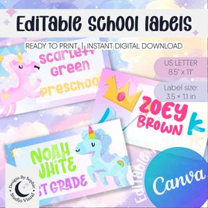 Può includere: Una collezione di etichette scolastiche modificabili con illustrazioni di unicorni e corone. Le etichette sono in vari colori e dimensioni, con nomi e livelli scolastici. Il design include il testo "Editable school labels". La dimensione dell'etichetta è di 8,9 x 2,8 cm.