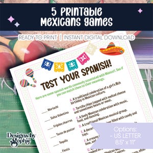 Puede incluir: Una hoja de juego imprimible titulada "Test Your Spanish!" con preguntas de opción múltiple sobre la cultura mexicana. La hoja incluye ilustraciones coloridas de maracas, un sombrero y pancartas decorativas. El texto dice "5 Printable Mexicans games" y "Ready to Print".