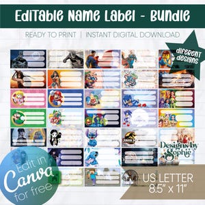 Puede incluir: Una hoja imprimible de 24 etiquetas de nombre editables con varios personajes de dibujos animados, incluyendo Mario, Sonic, Stitch, y más. Las etiquetas están diseñadas para usar con Canva y miden 8,5 pulgadas por 11 pulgadas.