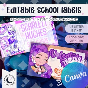 Puede incluir: Etiquetas escolares editables con un tema morado y rosa. Las etiquetas presentan ilustraciones de personajes de estilo anime y el texto "Scarlett Hughes 5th Grade". El tamaño de la etiqueta es de 8,9 x 2,8 cm.