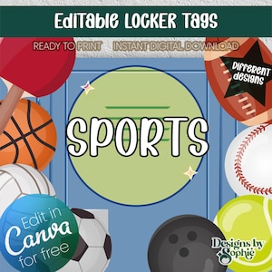 Puede incluir: Una descarga digital con ilustraciones de equipamiento deportivo, incluyendo baloncesto, fútbol americano, béisbol y pelota de tenis. La palabra "SPORTS" está en blanco sobre un círculo verde. El texto "Editable Locker Tags" está en la parte superior.