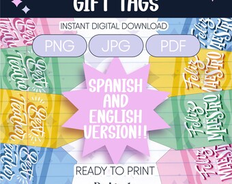 Könnte beinhalten: Druckbare Geschenkanhänger mit einem farbenfrohen Design mit dem Text "Best Teacher" und "Feliz Día del Maestro" in Englisch und Spanisch. Die Anhänger sind druckfertig und beinhalten Anweisungen für den sofortigen digitalen Download in den Formaten PNG, JPG und PDF.
