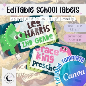 Puede incluir: Etiquetas escolares editables con ilustraciones de dinosaurios. Las etiquetas están listas para imprimir y son una descarga digital instantánea. Tamaño US Letter 21,6 cm x 27,9 cm, tamaño de la etiqueta 8,9 cm x 2,8 cm. Incluye plantilla de Canva.