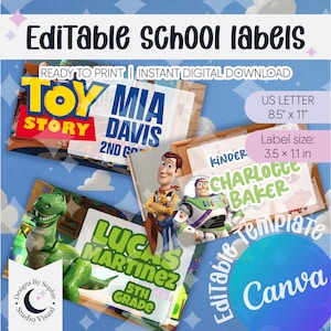Könnte beinhalten: Bearbeitbare Schullabel-Vorlage mit Charakteren aus Toy Story. Die Etiketten sind druckfertig und als sofortiger digitaler Download verfügbar. US Letter-Größe 21,6 cm x 27,9 cm, Etikettengröße 8,9 cm x 2,8 cm.