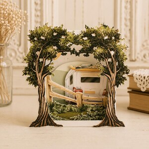 Camper Van RV Shadow Box Paper Art Scene Card, Travel Campsite Diorama